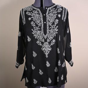 Sheer Black Embroidered Top with Sequins - Size M